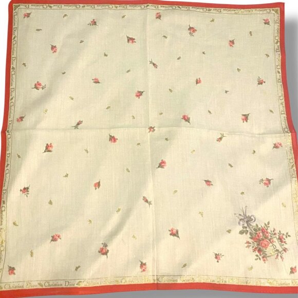Vintage - CHRISTIAN DIOR Floral Handkerchief - 18x18 Inch RED WHITE - Picture 3 of 3